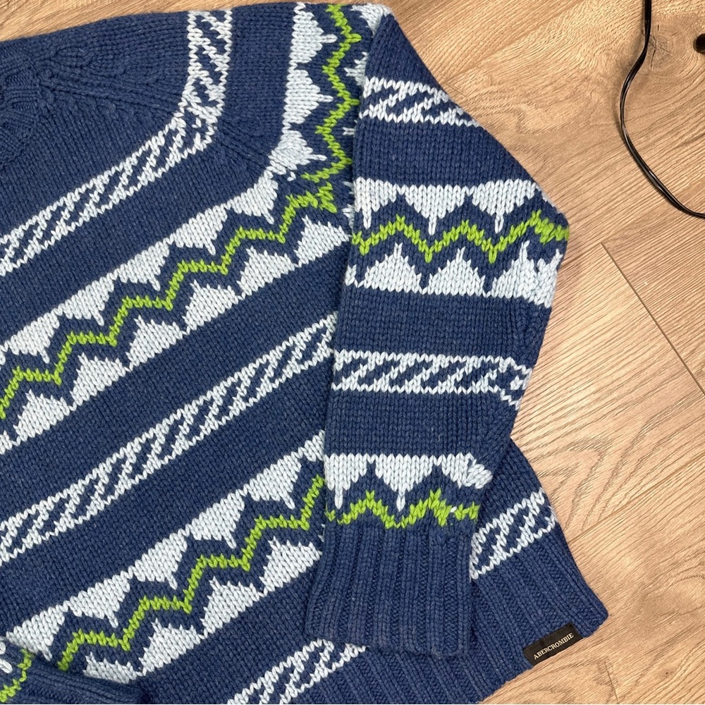 Vintage Abercrombie & Fitch Wool Blue Green Striped Crewneck Knit Sweater Mens L - Picture 3 of 7